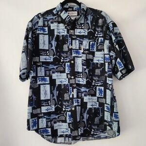 Vintage Columbia Blue Deep Sea Fishing Pattern Cotton Short Sleeve mens size L